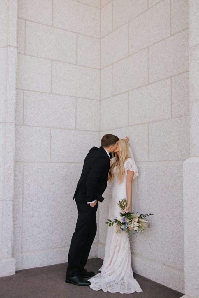 Bride and Groom sharing a kiss at Pocatello LDS temple