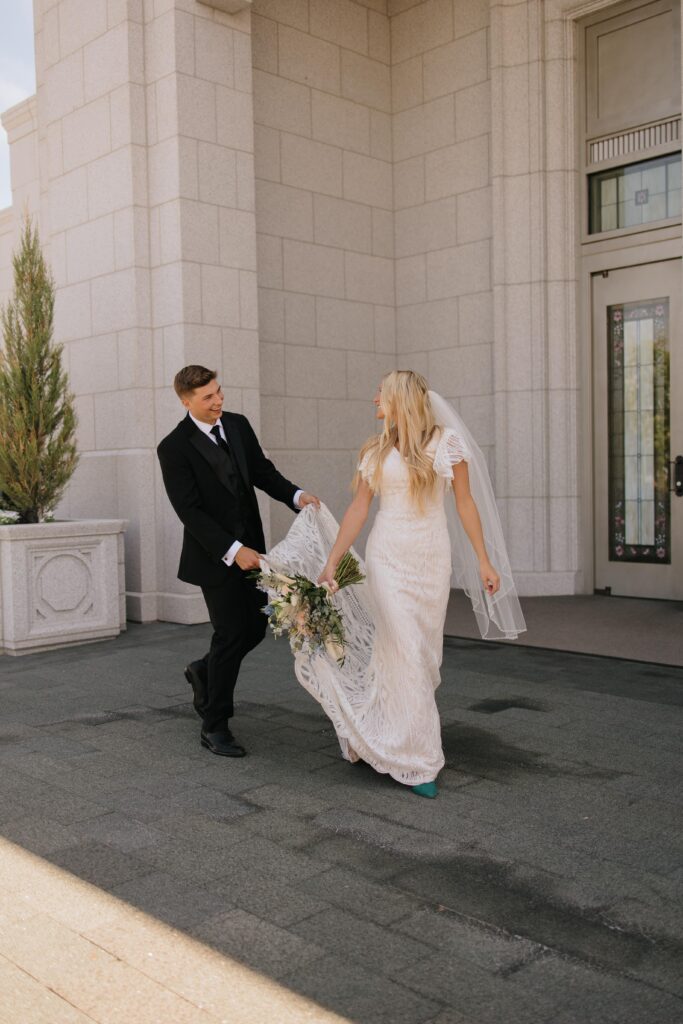 Wedding Couple Walking at Pocatello LDS Temple